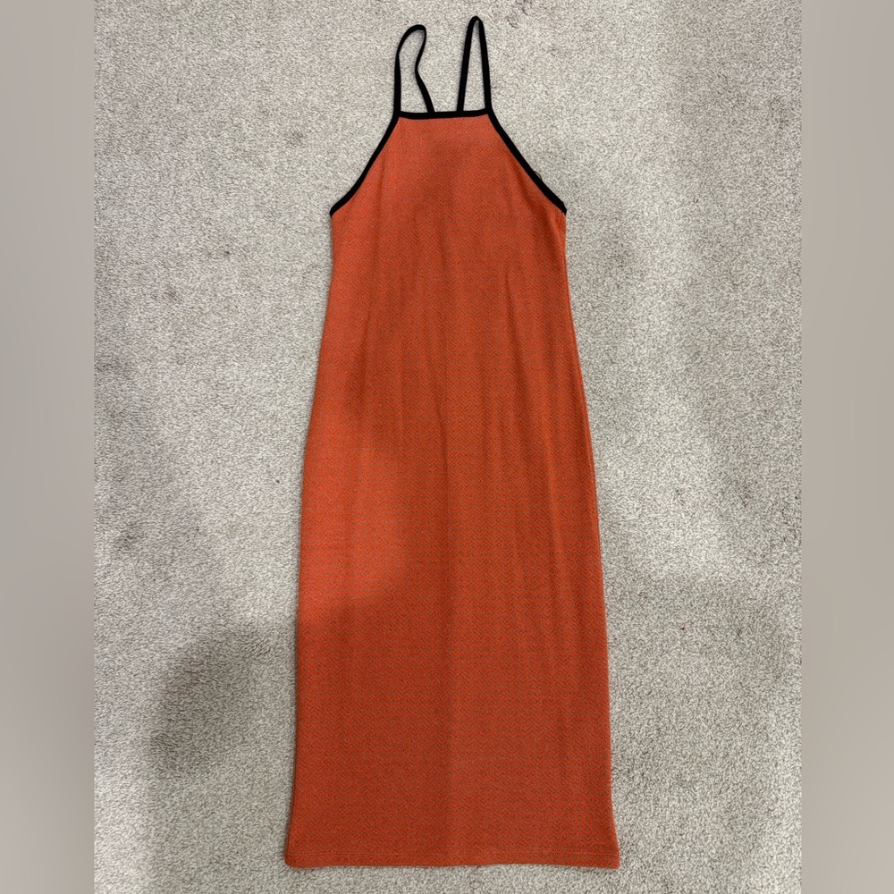 Zara Orange Midi Jacquard Knit Dress with Black Trim